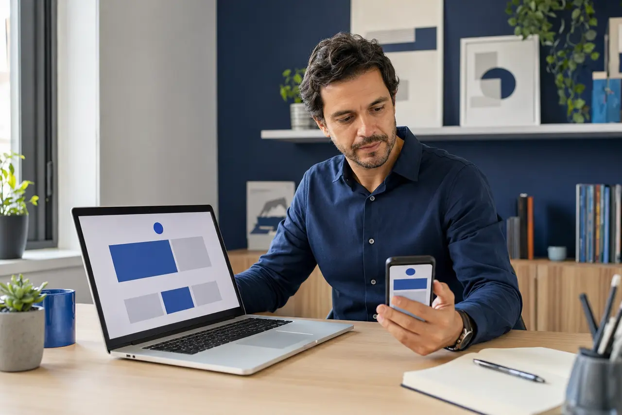 Profissional conferindo um site responsivo no notebook e no celular